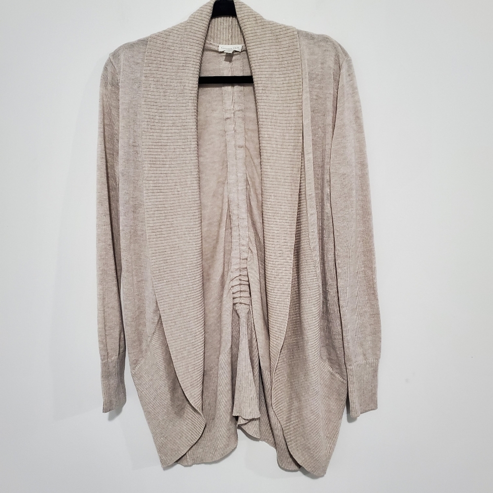 Garnet Hill Cozy Beige Tan Open Front Cardigan Duster Tencel Wool Blend Size XS